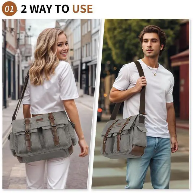 Alt view image 2 of 5 - SUIKIHUM Canvas Crossbody Bag for Men and Women, Vintage Shoulder Bag with Multiple Pockets and Adjustable Strap, Fits 13 Inch Laptops, Gray