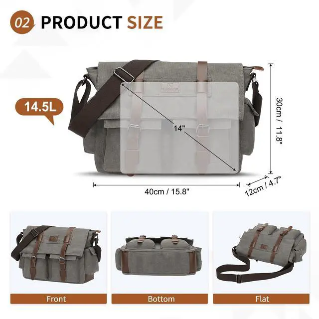 Alt view image 3 of 5 - SUIKIHUM Canvas Crossbody Bag for Men and Women, Vintage Shoulder Bag with Multiple Pockets and Adjustable Strap, Fits 13 Inch Laptops, Gray