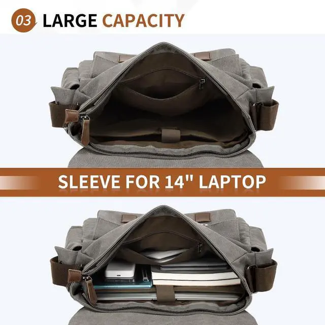 Alt view image 4 of 5 - SUIKIHUM Canvas Crossbody Bag for Men and Women, Vintage Shoulder Bag with Multiple Pockets and Adjustable Strap, Fits 13 Inch Laptops, Gray