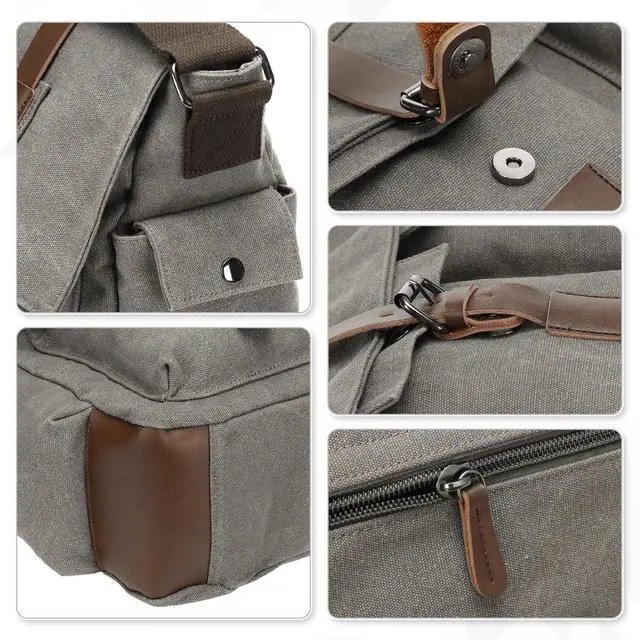 Alt view image 5 of 5 - SUIKIHUM Canvas Crossbody Bag for Men and Women, Vintage Shoulder Bag with Multiple Pockets and Adjustable Strap, Fits 13 Inch Laptops, Gray