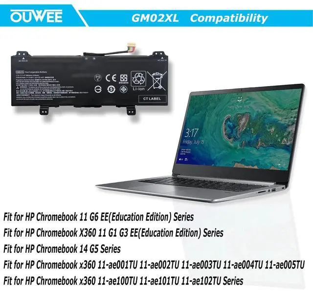 Alt view image 4 of 5 - OUWEE GM02XL 917725-855 Laptop Battery Compatible with HP Chromebook 14 G5 G6 Chromebook X360 11 G1 G6 EE Chromebook 11 G6 G7 EE Series Notebook HSTNN-DB7X 917679-271 HSTNN-UB7M 7.7V 47.3Wh 6150mAh