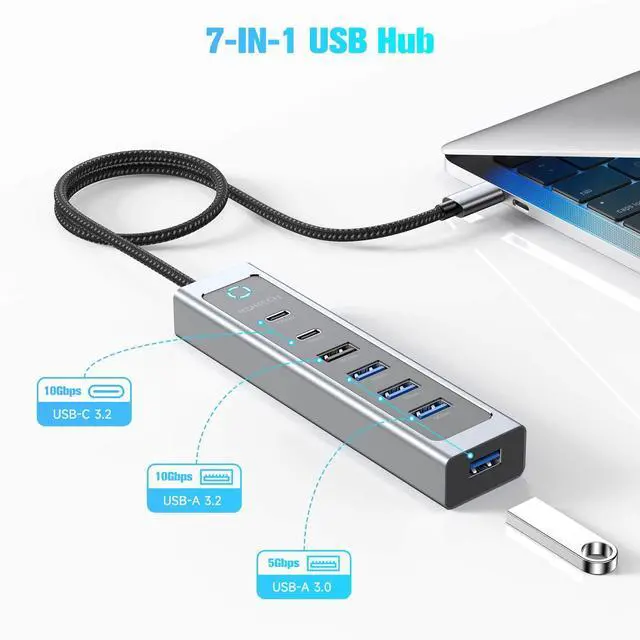 Alt view image 2 of 5 - RSHTECH 7-Port USB C Hub Splitter 10Gbps with 3 USB-3.2 (2C + 1A), 4 USB-3.0 Ports and 2ft Long Cable, Aluminum USB-C Hub Multiport Adapters for Laptop and More, RSH-T17C