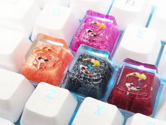 Alt view image 5 of 5 - MECHKYP Handmade Koi Fish Backlit Resin Keycap R4/Esc Artisan Keycap Shine Through Translucent Key Cap OEM Profile for Cherry MX Gaming Mechanical Keyboard DIY Replace (Rose Red)