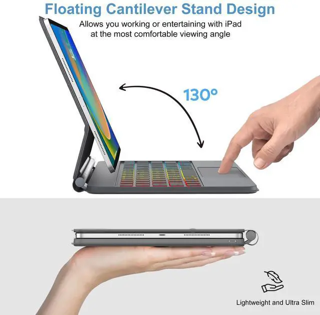 Alt view image 3 of 5 - FARYODI Magic Keyboard Case for iPad Air 11-inch (M2 /M3), iPad Pro 11 & iPad Air 10.9-inch 5th/4th Generation - 7 Color Backlit with Touchpad - Magnetic Case Easy-Set Floating Cantilever Stand,Gray