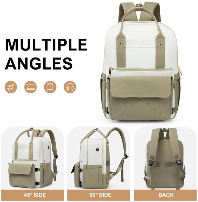 Alt view image 2 of 5 - Rinlist Backpack for Women, 15.6 Inch Laptop Travel Backpacks Bag with USB Port, Work Business Nurse Teacher Bags College Bookbag for School, Casual Daypack for Travel, Khaki White