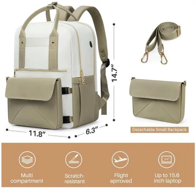 Alt view image 3 of 5 - Rinlist Backpack for Women, 15.6 Inch Laptop Travel Backpacks Bag with USB Port, Work Business Nurse Teacher Bags College Bookbag for School, Casual Daypack for Travel, Khaki White