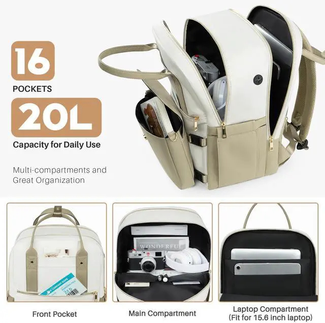 Alt view image 4 of 5 - Rinlist Backpack for Women, 15.6 Inch Laptop Travel Backpacks Bag with USB Port, Work Business Nurse Teacher Bags College Bookbag for School, Casual Daypack for Travel, Khaki White