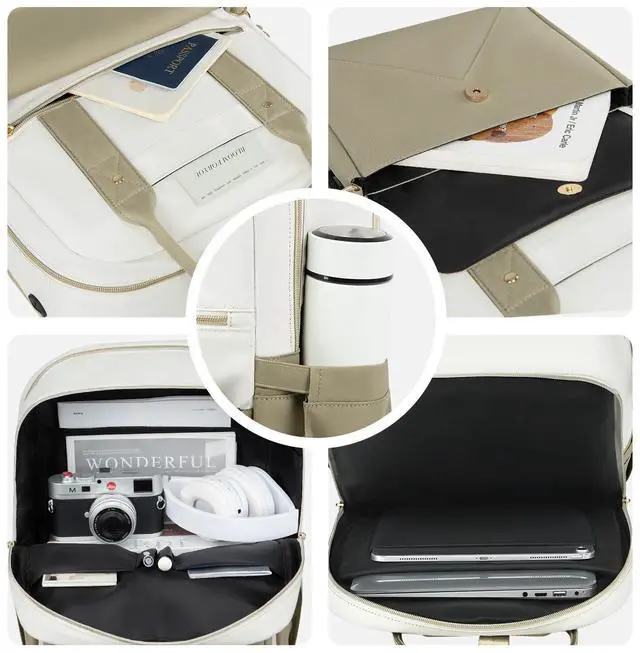 Alt view image 5 of 5 - Rinlist Backpack for Women, 15.6 Inch Laptop Travel Backpacks Bag with USB Port, Work Business Nurse Teacher Bags College Bookbag for School, Casual Daypack for Travel, Khaki White