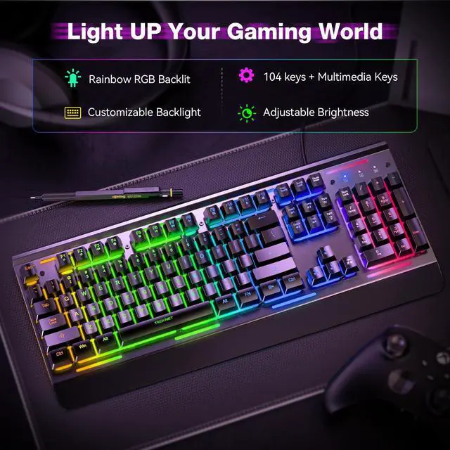 Alt view image 2 of 5 - TECKNET Wired Gaming Keyboard, 2.4G USB Computer Keyboards, 7-Color & 4 Modes Backlit, Whisper Quiet Switches, Full Size Quiet Keyboard for Windows Desktop, PC, Laptop, Gaming