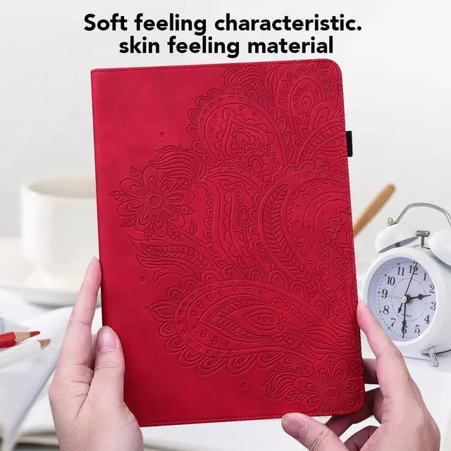 Alt view image 4 of 5 - VODEFOX for Kindle Fire HD 10 Case 9th/7th/5th Generation 10.1" (2019/2017/2015),Embossed Peacock Flower Pattern PU Leather Folio Wallet Shockproof Cover with Pencil Holder Elastic Band 10.1" - Red
