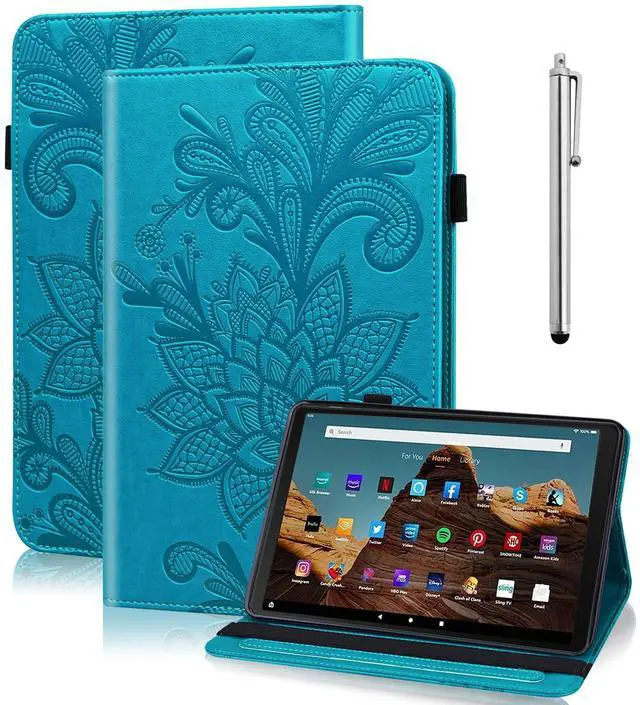 Main image of TUOLISG Case for Amazon Kindle Fire HD 10 9th/7th/5th Generation 10.1 Inch with Card Slots, Flower Pattern Embossed PU Leather Folio Wallet Stand Case for Fire HD 10 2019/2017/2015, Blue