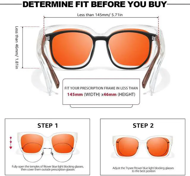 Alt view image 5 of 5 - Trysee Fit Over Blue Light Blocking Glasses for Women Men, Oversized Anti-Blue Blocking Glasses With Amber Orange Lens TS7511