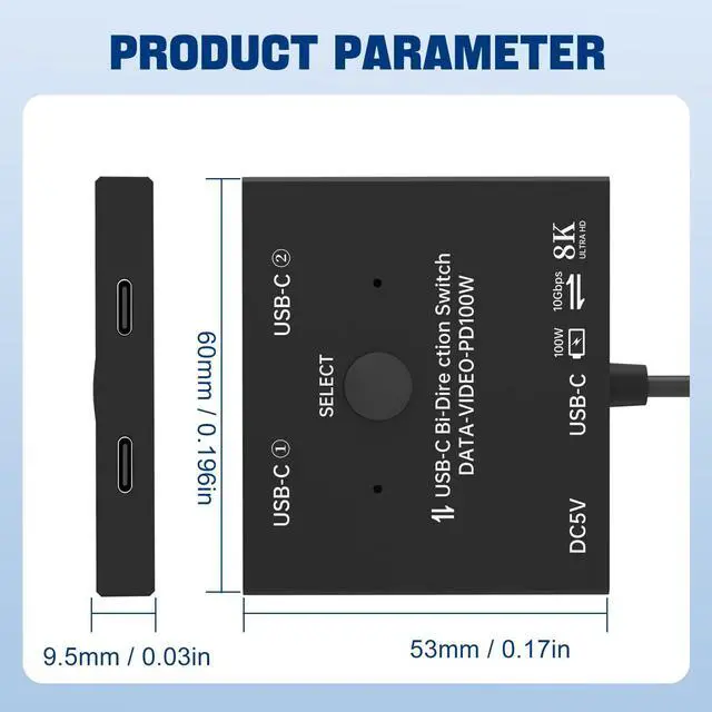 Alt view image 2 of 4 - TaiLaiEra 10Gbps USB-C Switch 8K@60Hz 4K@60Hz, Bi-Directional USB C Switcher 1 in 2 Out or 2 in 1 Out Switch Selector 2 Computers Share a Devices Video Source,Power Wire 2xUSB-C Cables Included