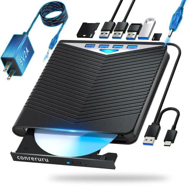 Main image of conreruru Support for Blu-ray External Drive, Support for Blu-ray DVD/CD Player/Read/Write, USB 3.0 &/Type-C, Support for Blu-ray/DVD/CD, BD Drive, Windows 7-11 & Mac, PC-Compatible, M-DISC(Black)