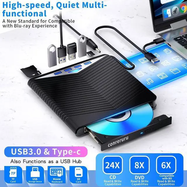 Alt view image 2 of 5 - conreruru Support for Blu-ray External Drive, Support for Blu-ray DVD/CD Player/Read/Write, USB 3.0 &/Type-C, Support for Blu-ray/DVD/CD, BD Drive, Windows 7-11 & Mac, PC-Compatible, M-DISC(Black)