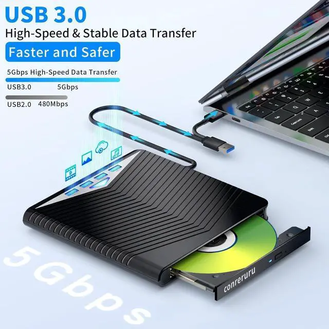 Alt view image 4 of 5 - conreruru Support for Blu-ray External Drive, Support for Blu-ray DVD/CD Player/Read/Write, USB 3.0 &/Type-C, Support for Blu-ray/DVD/CD, BD Drive, Windows 7-11 & Mac, PC-Compatible, M-DISC(Black)