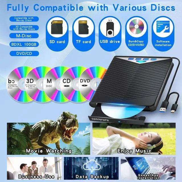 Alt view image 5 of 5 - conreruru Support for Blu-ray External Drive, Support for Blu-ray DVD/CD Player/Read/Write, USB 3.0 &/Type-C, Support for Blu-ray/DVD/CD, BD Drive, Windows 7-11 & Mac, PC-Compatible, M-DISC(Black)