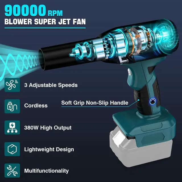 Alt view image 4 of 5 - Jet Dry Mini Blower Fit for Makita 18V Battery- Super Jet Fan Blower 400g Wind Speed - 500W Compressed Air Duster Can - Rechargeable Air Compressed- Dry Duster with 3 Adjustable Speeds