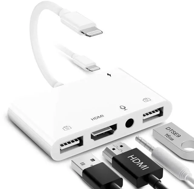 Main image of FEINODI Lightning to HDMI Adapter for iPhone/iPad to TV, Dual USB OTG Adapter with Microphone Input for Live-Streaming, MIDI Keyboard, Mouse, HD TV/Projector/Monitor Compatible (White)