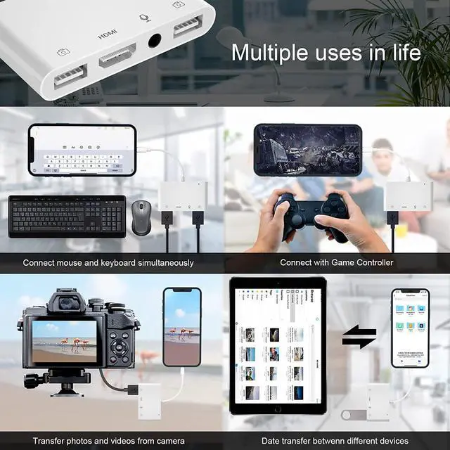 Alt view image 4 of 5 - FEINODI Lightning to HDMI Adapter for iPhone/iPad to TV, Dual USB OTG Adapter with Microphone Input for Live-Streaming, MIDI Keyboard, Mouse, HD TV/Projector/Monitor Compatible (White)