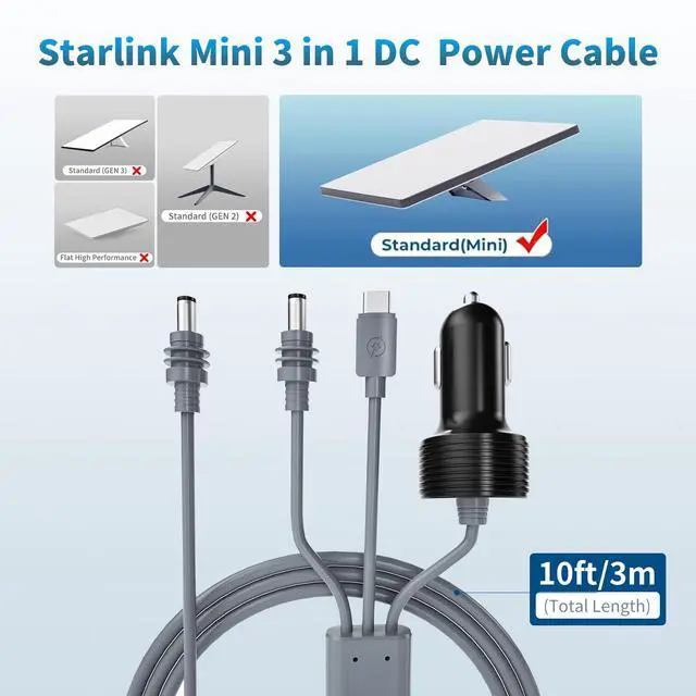 Alt view image 2 of 5 - Starlink Mini 3-in-1 Power Cable, 12V-24V Car Charger/USB C/DC to DC, 10FT Waterproof Cable for Starlink Mini Accessories