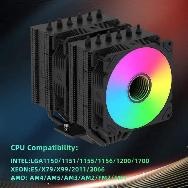 Alt view image 4 of 5 - COOL DESHENG ARGB CPU Cooler with 6 Heat Pipes, Dual CPU Fans (2300 RPM) - High Performance Cooling for Intel LGA1700/1200/115X & AMD AM5/AM4, Universal CPU Cooler, PC Case Cooling - Black/DS2000V6