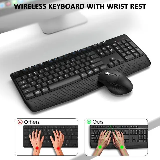 Alt view image 2 of 5 - Wireless Keyboard and Mouse Combo, Full-Sized 2.4GHz Wireless Keyboard with Comfortable Palm Rest and Optical Wireless Mouse for Windows, Mac OS PC/Desktops/Computer/Laptops (Dark Gray)