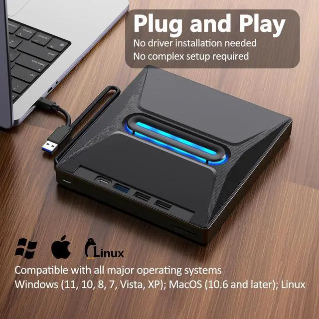 Alt view image 2 of 5 - Eerbaier External CD/DVD Drive for Laptop, DVD/CD Burner, Plug & Play, USB 3.0 & Type-C High Speed CD/DVD Reader & Writer, Portable DVD Player for Windows, Linux, Mac OS Laptop PC