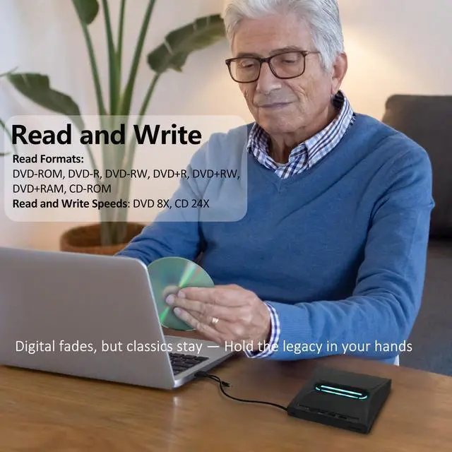 Alt view image 4 of 5 - Eerbaier External CD/DVD Drive for Laptop, DVD/CD Burner, Plug & Play, USB 3.0 & Type-C High Speed CD/DVD Reader & Writer, Portable DVD Player for Windows, Linux, Mac OS Laptop PC