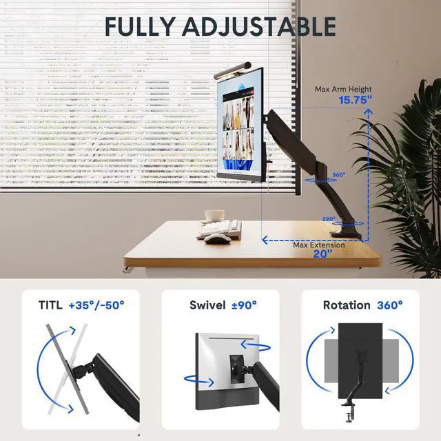 Alt view image 2 of 5 - FlexiSpot Single Monitor Stand for Desk Adjustable Spring Vesa Monitor Mount with C Clamp for 10 to 27 Inch Computer Screens Heavy Duty Monitor Arm Hold up to 3.3 to 11lbs, Black