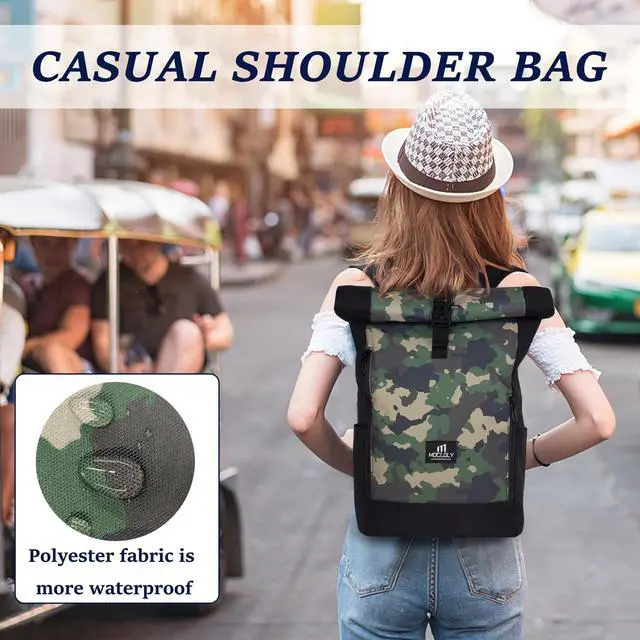 Alt view image 3 of 5 - MOCLOLY Rolltop Backpack Women & Men, Laptop Backpack with Laptop Compartment, Waterproof Backpack for Travel, Casual, Camouflage
