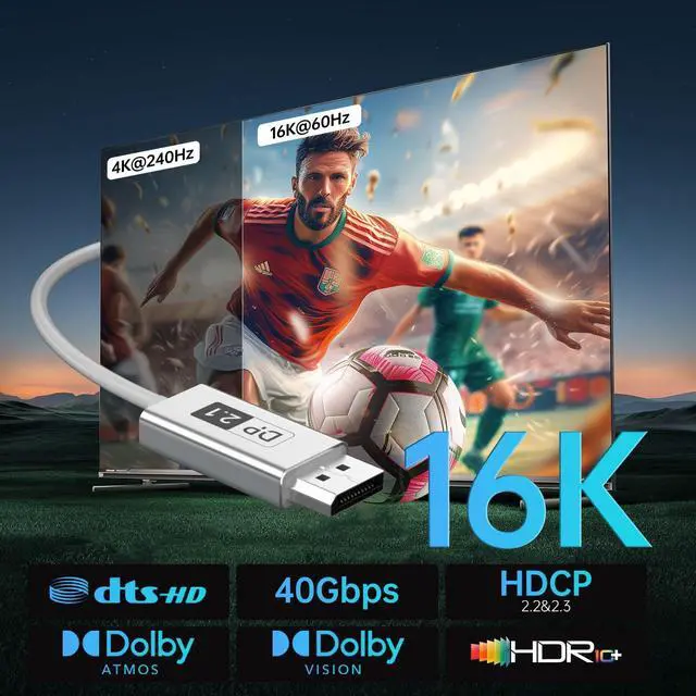 Alt view image 4 of 5 - DisplayPort 2.1 Cable Fiber Optic 16.5ft[16K@60Hz,8K@120Hz,4K@240Hz]40Gbps Gaming Monitor DP 2.1 Cable Compatible with NVIDIA GeForce RTX 4090 & AMD Radeon RX 7900 XTX - FreeSync G-Sync Support