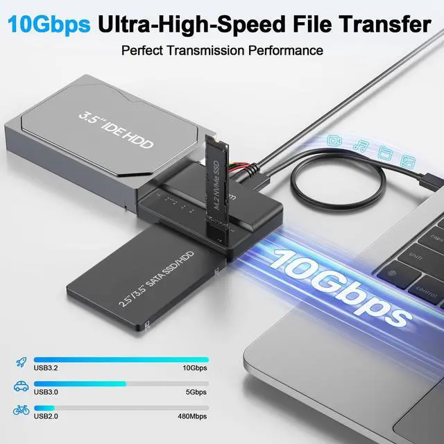 Alt view image 2 of 5 - Alxum NVME M.2 SATA IDE SSD Enclosure External 3 in 1 Tool-Free PCIE-10Gbps USB 3.2 Type C Hard Drive Reader for 2230/2242/2260/2280,2.5" /3.5" SATA SSD and 3.5" IDE HDD