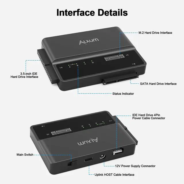 Alt view image 4 of 5 - Alxum NVME M.2 SATA IDE SSD Enclosure External 3 in 1 Tool-Free PCIE-10Gbps USB 3.2 Type C Hard Drive Reader for 2230/2242/2260/2280,2.5" /3.5" SATA SSD and 3.5" IDE HDD