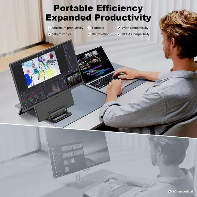 Alt view image 2 of 5 - 24" Large Portable Monitor, 1080P FHD 100Hz Laptop Screen Extender, 125% sRGB IPS Monitor Extender, USB C HDMI Office Gaming with Detachable Stand, Travel monitor for Window MAC Phone Xbox Switch