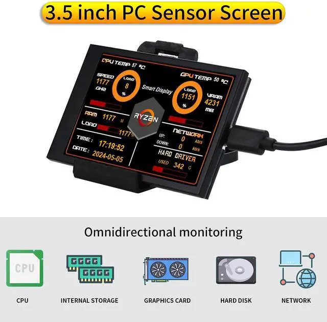 Alt view image 5 of 5 - 3.5" IPS USB Mini Screen Computer Temp Data Monitor Display Type-C Sub Screen for PC ARGB Computer Case Secondary Screen