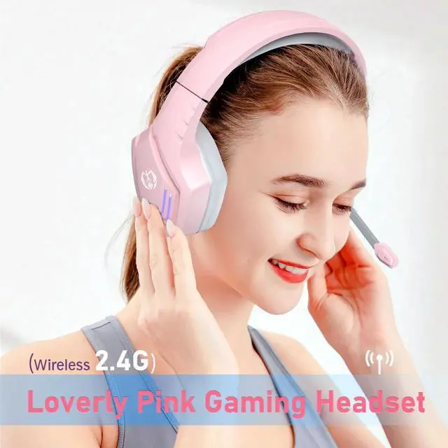 Alt view image 2 of 5 - Anivia 2.4GHz Wireless Gaming Headset with Microphone for Work, PC Comptuers, Laptop, Over Ear Gamer Headphones with Mic, LED Light, Bass Surround Sound, Soft Ear Pads, for Girls and Women (Pink)