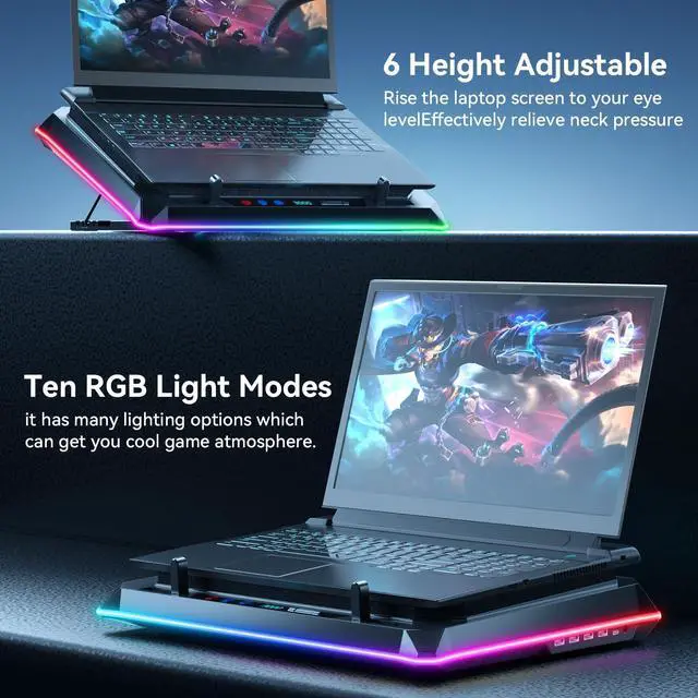 Alt view image 4 of 5 - ICE COOREL Gaming Laptop Cooling Pad with Powerful Turbofan, Laptop Fan Cooling Pad for Laptop 15-21 Inches, RGB Laptop Cooler Stand with 8 Height Adjustable, Infinitely Variable Speed, LCD Screen