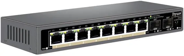 Main image of Ztyuav 10 Port Unmanaged 2.5G Ethernet Switch with 8 x 2.5G RJ-45 Ports, 2 x 10G SFP+ Ports, Ports Speed Auto-Negotiation-100/1000/2500Mbps, One-Key VLAN, Fanless Metal Design, Plug & Play