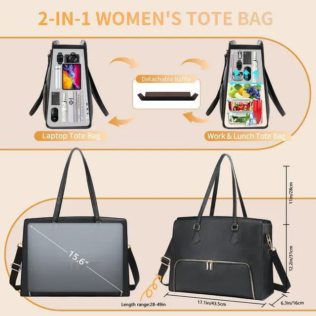 Alt view image 3 of 5 - Jetviivid Laptop Tote Bag with Lunch Compartment, 15.6 Inch PU Leather Work Bag for Women, Computer Briefcase Laptop Shoulder Handbag for Business,Office,Work, Black