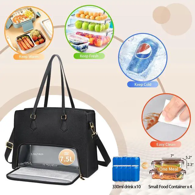 Alt view image 2 of 5 - Jetviivid Laptop Tote Bag with Lunch Compartment, 15.6 Inch PU Leather Work Bag for Women, Computer Briefcase Laptop Shoulder Handbag for Business,Office,Work, Black