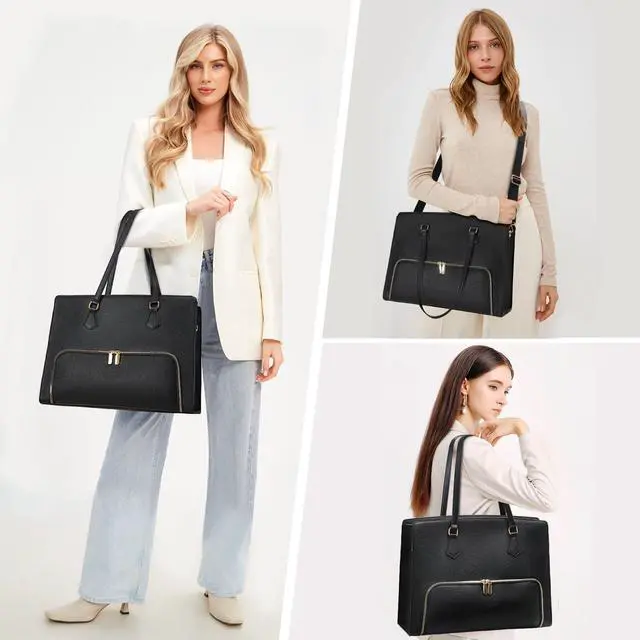 Alt view image 5 of 5 - Jetviivid Laptop Tote Bag with Lunch Compartment, 15.6 Inch PU Leather Work Bag for Women, Computer Briefcase Laptop Shoulder Handbag for Business,Office,Work, Black