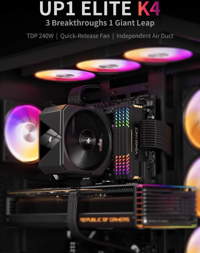 Alt view image 2 of 5 - upHere up1 Elite CPU Cooler - 4 Heat Pipes, Magnetic Cover, Quick-Release Fans, Intel LGA1851/1700 & AMD AM5/AM4 Support, Independent Air Duct, 1650RPM 68CFM Fan, Black, up1 Elite K4