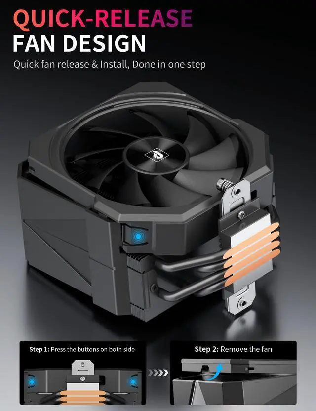 Alt view image 4 of 5 - upHere up1 Elite CPU Cooler - 4 Heat Pipes, Magnetic Cover, Quick-Release Fans, Intel LGA1851/1700 & AMD AM5/AM4 Support, Independent Air Duct, 1650RPM 68CFM Fan, Black, up1 Elite K4