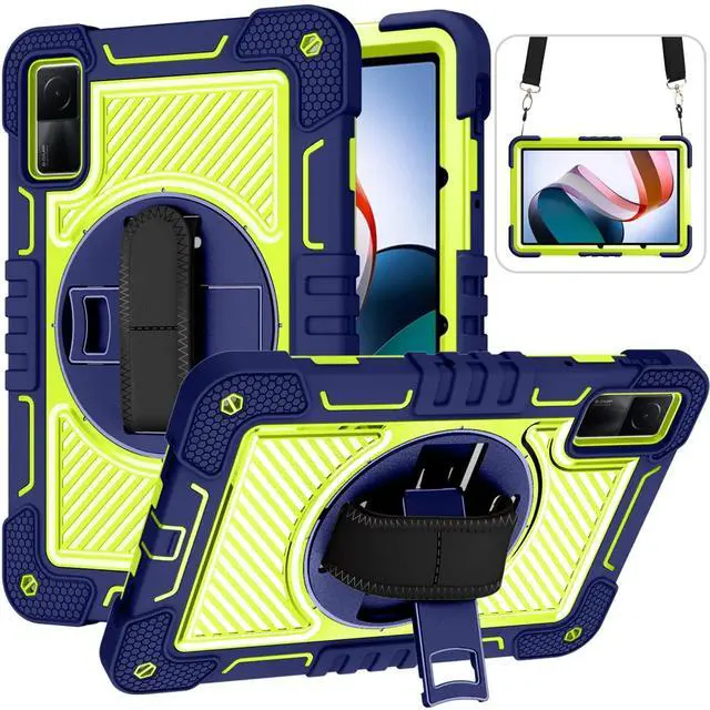 Main image of YOUULAR Tablet Case for Xiaomi Redmi Pad 10.61 inches 22081283G, Tablet Shockproof Cover with 360° Rotating Stand and Wrist Strap, Shoulder Strap Navy Blue+Yellow Green