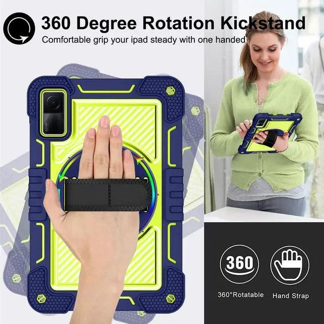 Alt view image 3 of 5 - YOUULAR Tablet Case for Xiaomi Redmi Pad 10.61 inches 22081283G, Tablet Shockproof Cover with 360° Rotating Stand and Wrist Strap, Shoulder Strap Navy Blue+Yellow Green