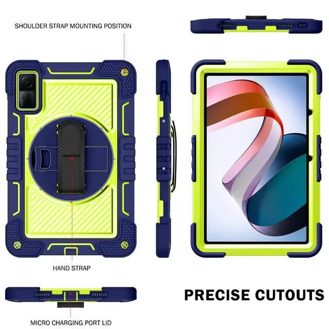 Alt view image 5 of 5 - YOUULAR Tablet Case for Xiaomi Redmi Pad 10.61 inches 22081283G, Tablet Shockproof Cover with 360° Rotating Stand and Wrist Strap, Shoulder Strap Navy Blue+Yellow Green