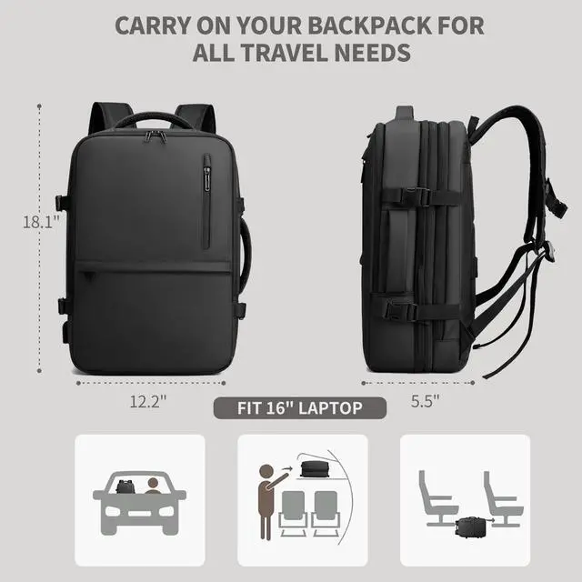 Alt view image 3 of 5 - Biaqud Travel Backpack for Men Women, Expandable Carry on Backpacks with Charging Port for Business Work Commute Casual, Black
