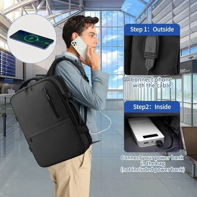 Alt view image 5 of 5 - Biaqud Travel Backpack for Men Women, Expandable Carry on Backpacks with Charging Port for Business Work Commute Casual, Black