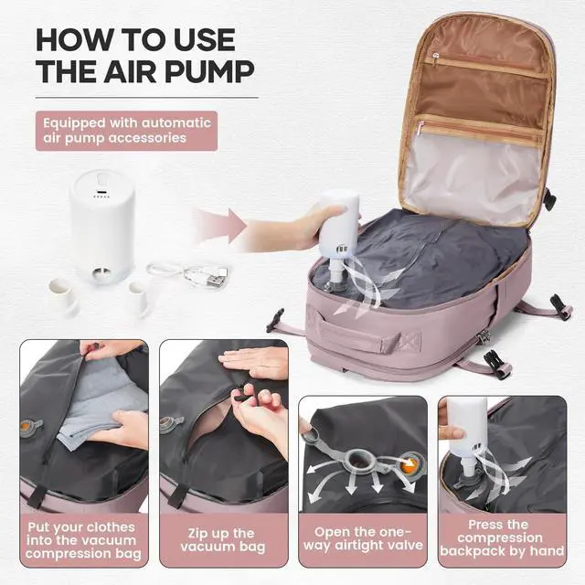 Alt view image 2 of 5 - UPPACK Vacuum Backpack Travel With Pump for Women Men Personal item Travel Bag Carry on Backpack Flight Approved Work College Casual Daypack Backpacks with Vacuum Compression